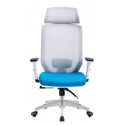 Sillón de oficina CLAYTON, blanco, malla gris, tejido azul claro