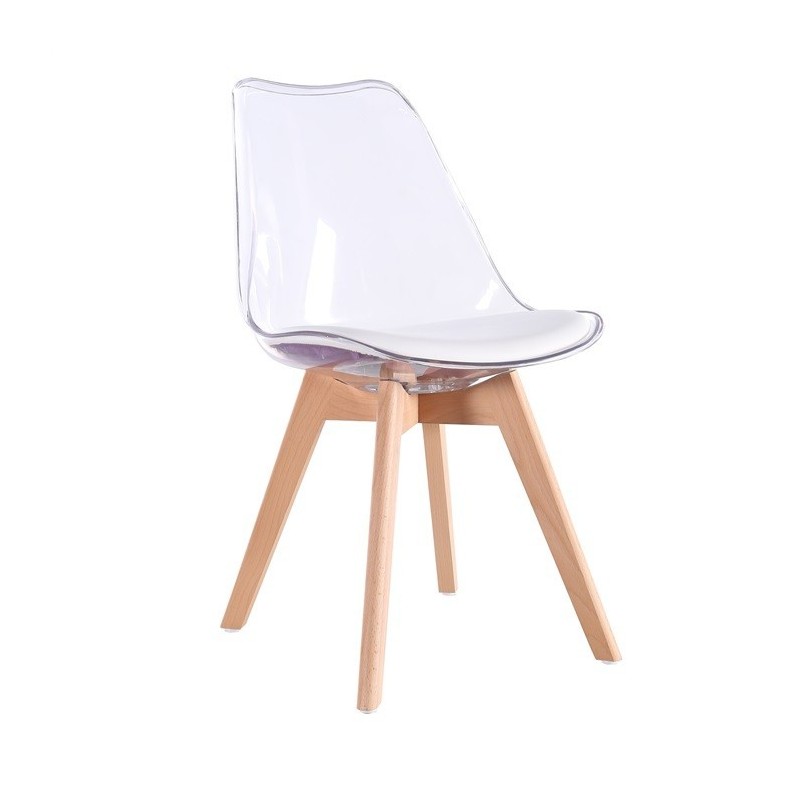 Silla TORRE 4P, madera, transparente, cojín blanco (Pack de 4 unidades)