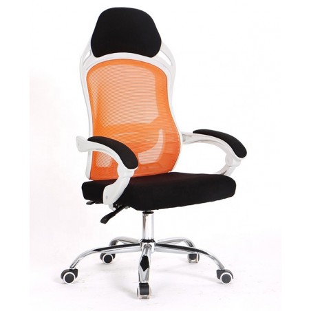 Sillón de oficina LINZ, blanco, alto, gas, sincro, malla naranja, tejido negro