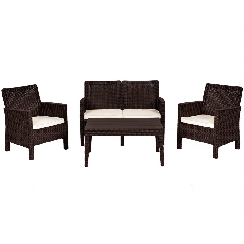 Set ADRIÁTICO, 2 Sillones + Sofá 2 plazas + mesa, polipropileno chocolate, cojines incluidos