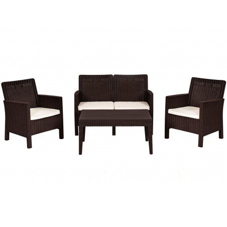 Set ADRIÁTICO, 2 Sillones + Sofá 2 plazas + mesa, polipropileno chocolate, cojines incluidos