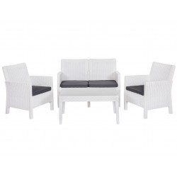 Set ADRIÁTICO, 2 Sillones + Sofá 2 plazas + mesa, polipropileno blanco, cojines incluidos