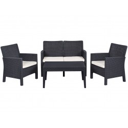 Set ADRIÁTICO, 2 Sillones + Sofá 2 plazas + mesa, polipropileno antracita, cojines incluidos