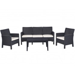 Set ADRIÁTICO, 2 Sillones + Sofá 3 plazas + mesa, polipropileno antracita, cojines incluidos