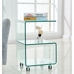 Mesa ABIGAIL, ruedas, cristal transparente, 40 x 40 cms