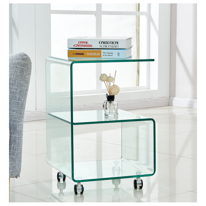 Mesa ABIGAIL, ruedas, cristal transparente, 40 x 40 cms