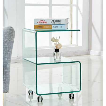 Mesa ABIGAIL, ruedas, cristal transparente, 40 x 40 cms