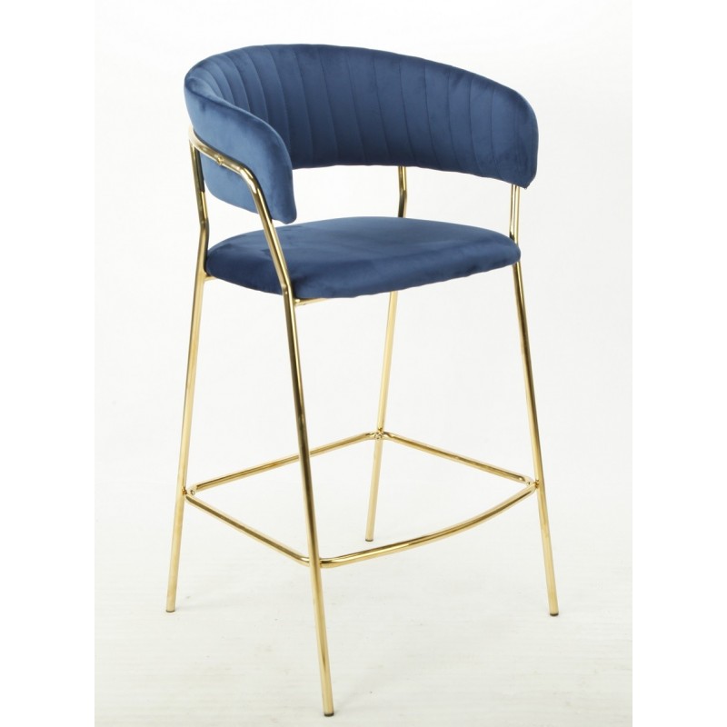 Taburete KEFREN, metal, cromado dorado, tapizado velvet azul (Pack de 2 unidades)