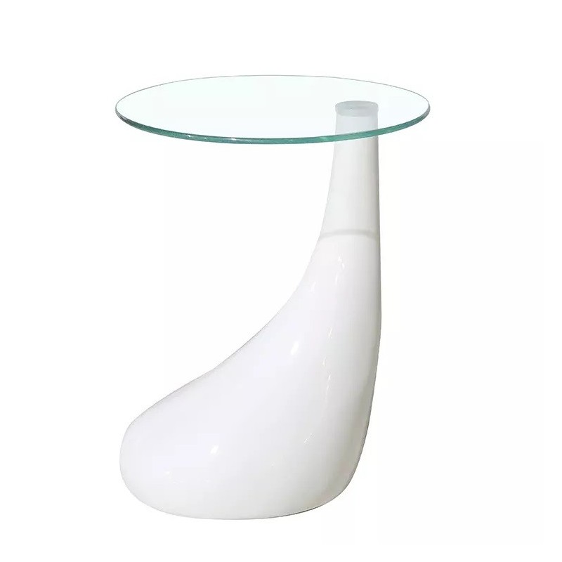 Mesa PEAR, baja, blanca, cristal, 50 cms de diámetro