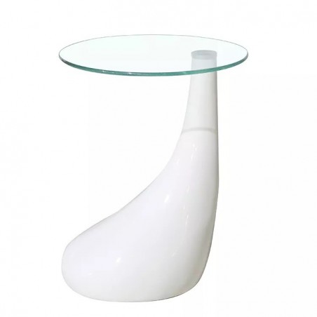 Mesa PEAR, baja, blanca, cristal, 50 cms de diámetro