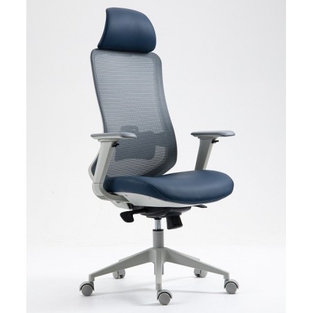 Sillón de oficina ARANJUEZ, alto, gris, ergonómico, multifunción, malla y asiento azul