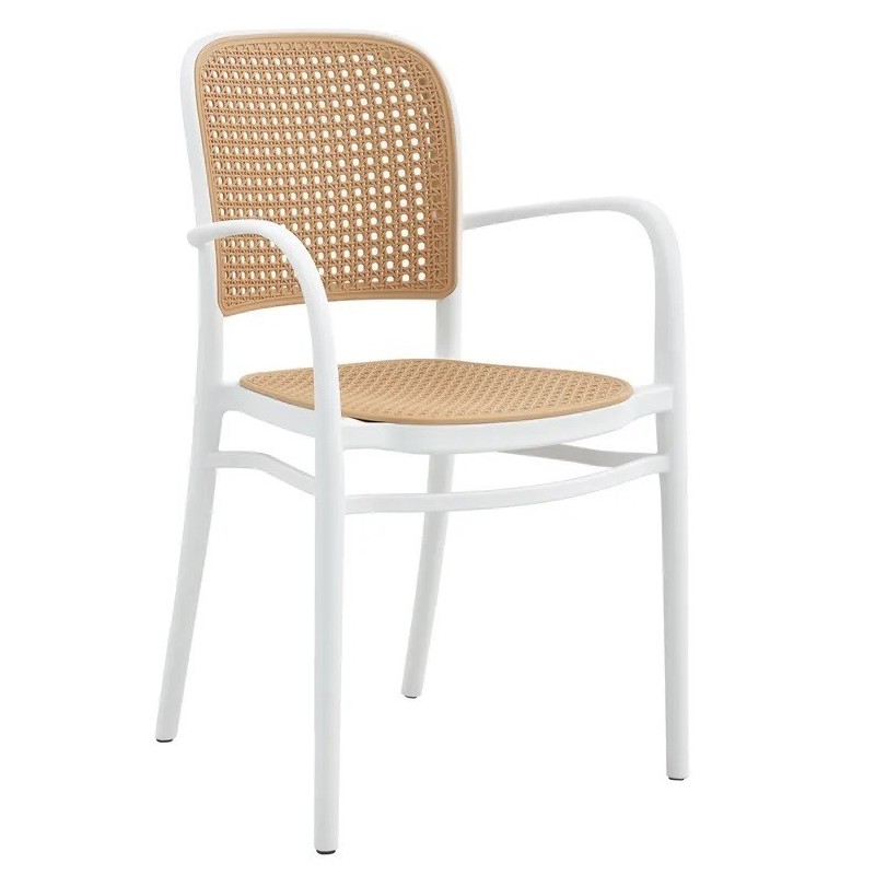 Sillón FUNCHAL, apilable, polipropileno blanco y beige (Pack de 4 unidades)