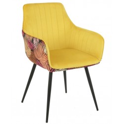 Sillón DEVA, metal, tapizado velvet amarillo con trasera floral a juego (Pack de 4 unidades)