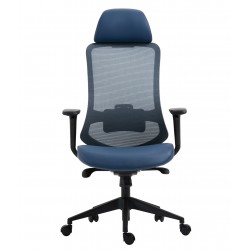 Sillón de oficina ARANJUEZ, alto, negro, ergonómico, multifunción, malla y asiento azul