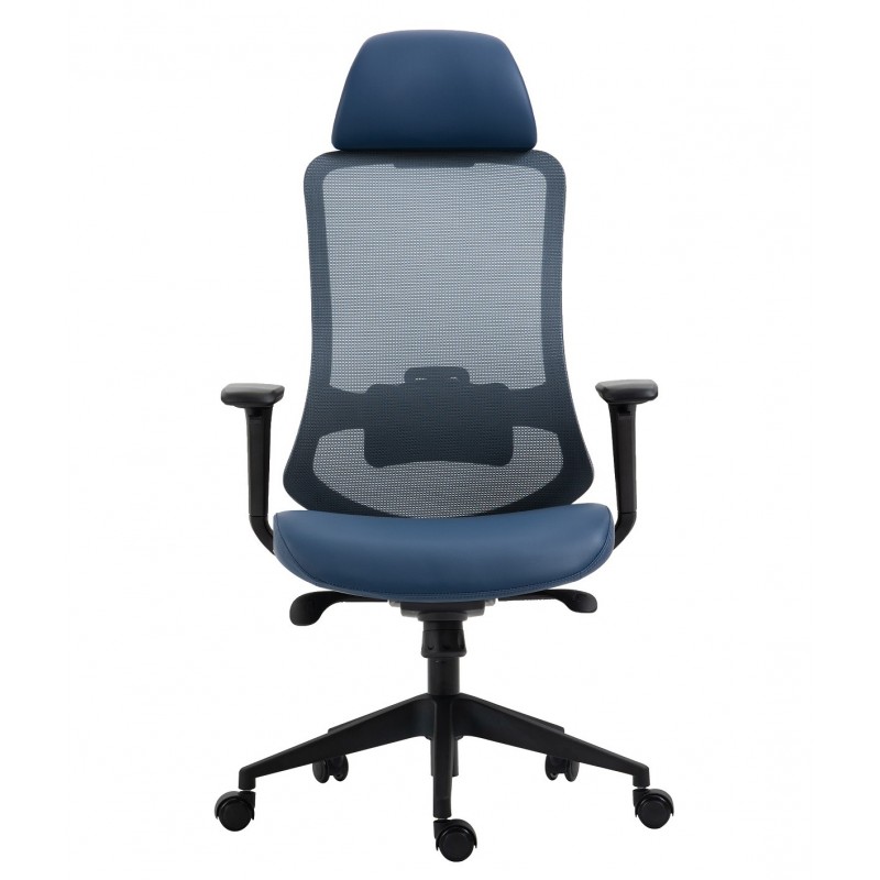Sillón de oficina ARANJUEZ, alto, negro, ergonómico, multifunción, malla y asiento azul