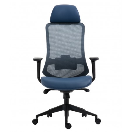 Sillón de oficina ARANJUEZ, alto, negro, ergonómico, multifunción, malla y asiento azul