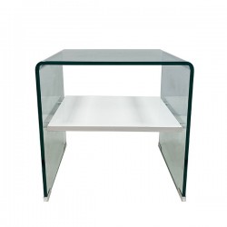 Mesa CORIN, cristal curvado, estante blanco 50x45 cms