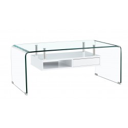 Mesa NEWARK, baja, estante blanco, cristal curvado, 110 x 60 cms