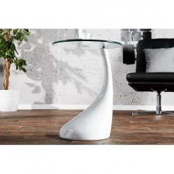 Mesa PEAR, baja, blanca, cristal, 50 cms de diámetro