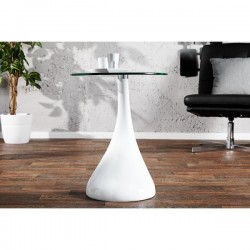 Mesa PEAR, baja, blanca, cristal, 50 cms de diámetro