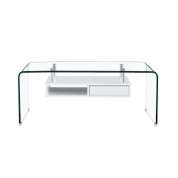 Mesa NEWARK, baja, estante blanco, cristal curvado, 110 x 60 cms