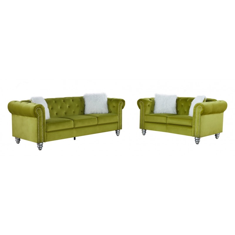 Set Sofás CHESTER STYLE, 3 +2 plazas, tapizado velvet verde 38