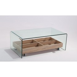 Mesa ARIANA, baja, cristal templado, madera,  110x55 cms