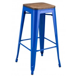 Taburete TOL EK WOOD, acero, azul, asiento madera (Pack de 5 unidades)