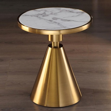 Mesa JASSY NE, baja, dorada, tapa cerámica mármol negro, 50 cms de diámetro