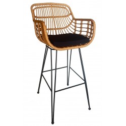 Taburete JAMBI, metal, ratán beige, cojín negro (Pack de 2 unidades)