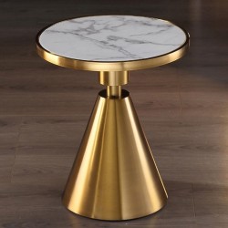 Mesa JASSY BL, baja, dorada, tapa cerámica mármol blanco, 50 cms de diámetro
