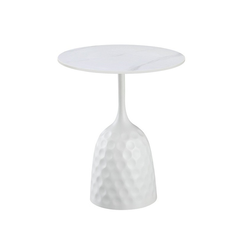 Mesa CAVEZZO, baja, blanca, tapa cerámica mármol blanco, 50 cms de diámetro