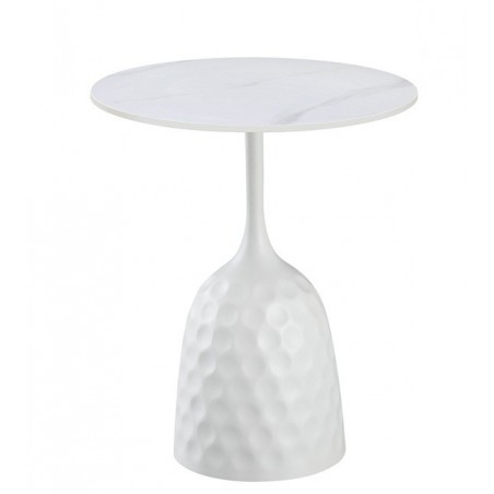 Mesa CAVEZZO, baja, blanca, tapa cerámica mármol blanco, 50 cms de diámetro