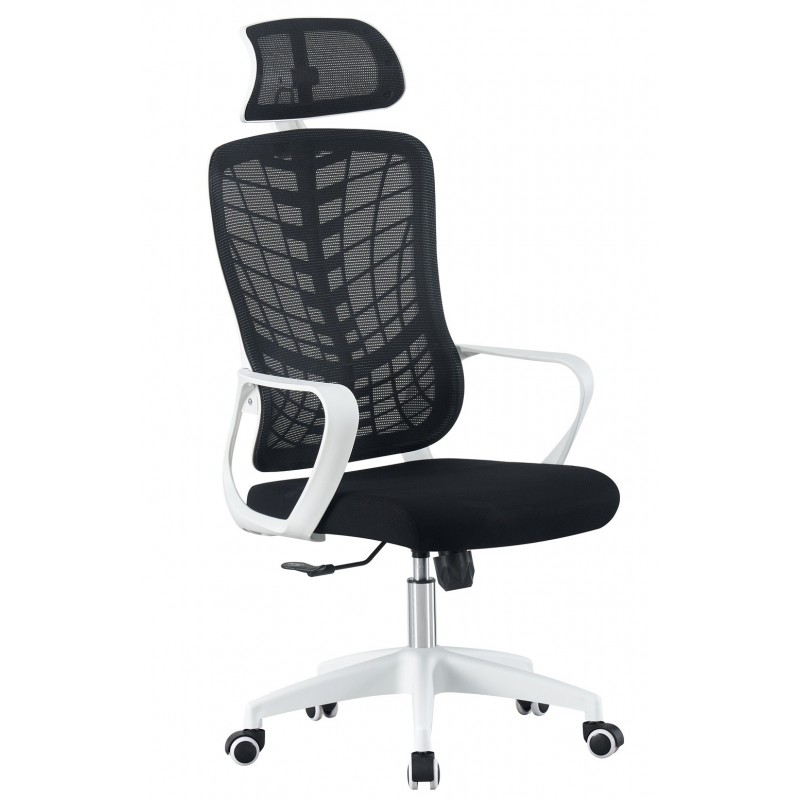 Sillón de oficina MELLAC, alto, blanco, malla y asiento negro