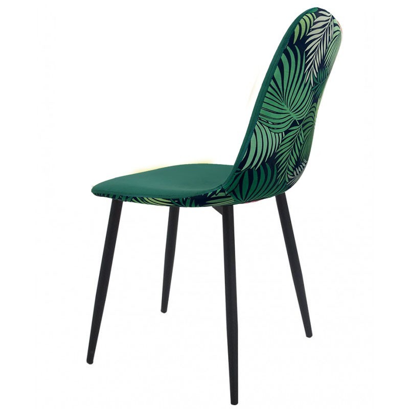 Silla HORUS NEW, metal, tapizado velvet verde con trasera floral a juego (Pack de 4 unidades)