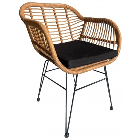 Sillón KUALA, metal, ratán beige, cojín negro (Pack de 4 unidades)
