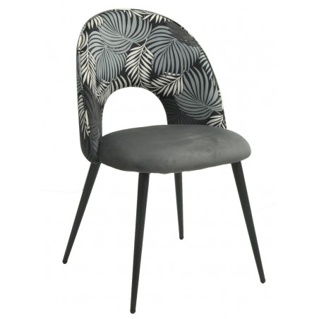 Silla ORQUIDEA, metal, tapizado velvet gris con respaldo floral a juego (Pack de 2 unidades)