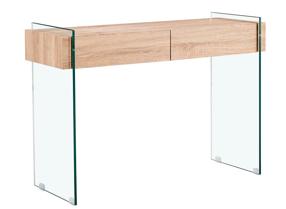 Consola GIOVANNA, 2 cajones, madera, cristal templado, 110 x 40 cms