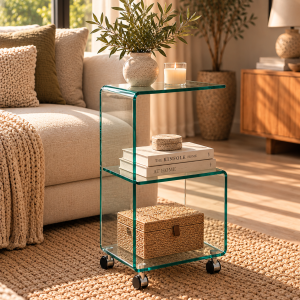Mesa ABIGAIL, ruedas, cristal transparente, 40 x 40 cms