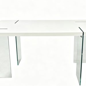Mesa ARLON, cristal templado, tapa lacada blanca, 160 x 90 cms