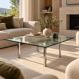 Mesa BCN, baja, acero inoxidable, cristal, 102x102 cms