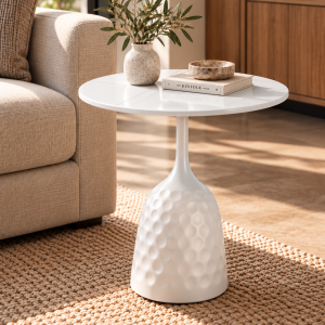 Mesa CAVEZZO, baja, blanca, tapa cerámica mármol blanco, 50 cms de diámetro
