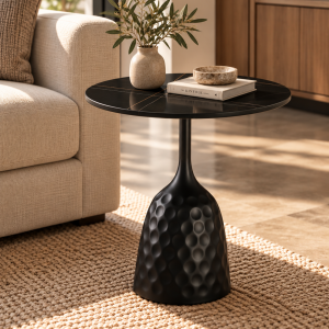 Mesa CAVEZZO, baja, negra, tapa cerámica mármol negro, 50 cms de diámetro