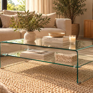 Mesa CHALLENGER, baja, cristal curvado, 110x55 cms