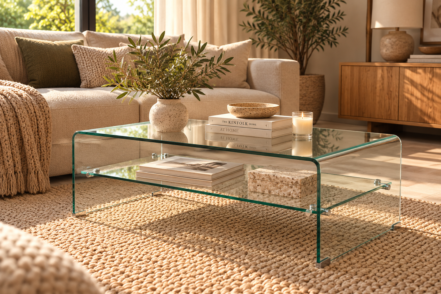 Mesa CHALLENGER, baja, cristal curvado, 110x55 cms