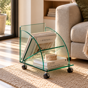 Mesa COIMBRA, baja, ruedas, cristal, 38*38*43 cms