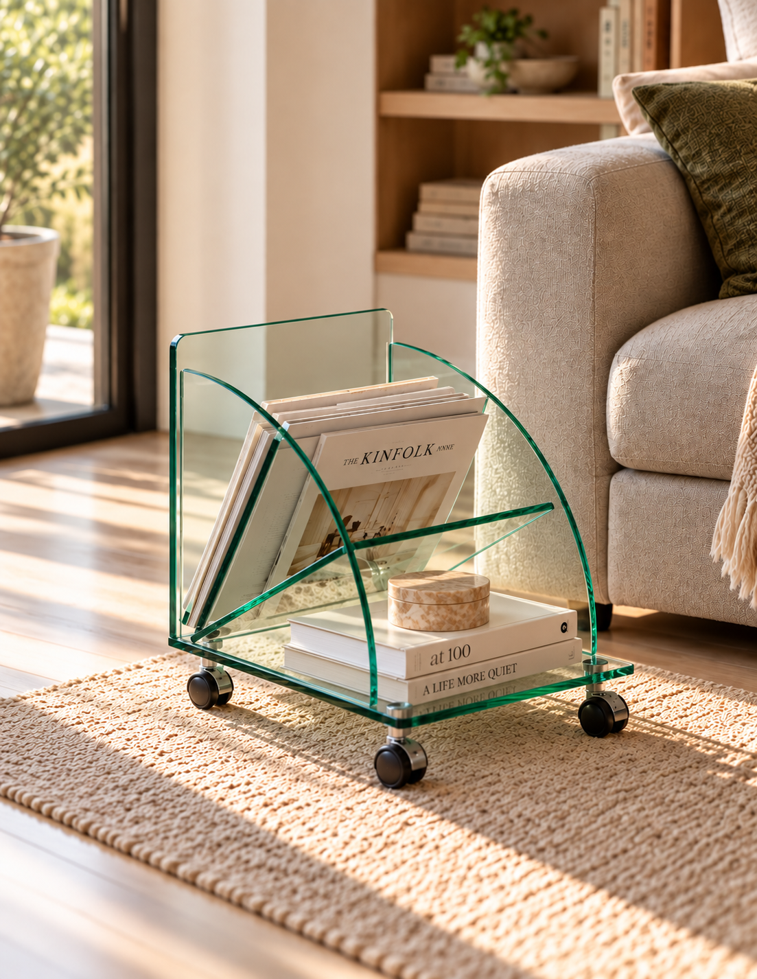 Mesa COIMBRA, baja, ruedas, cristal, 38*38*43 cms