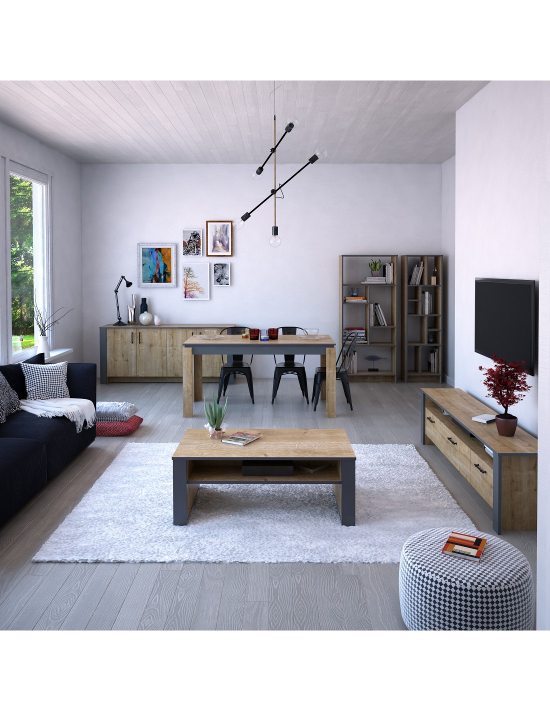 Mesa de comedor PHILIPPA, bilaminado roble con gris oscuro, 160 x 80 cms.