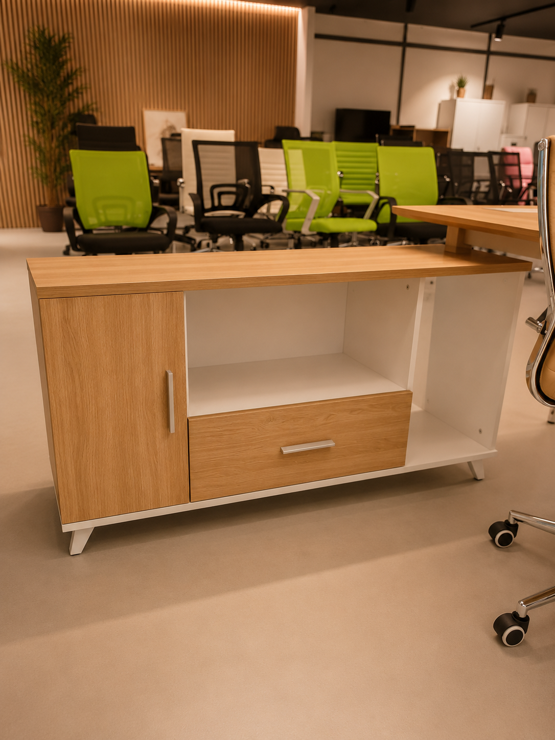 Mesa de oficina AREZZO 160, con mueble auxiliar, blanco y roble, 160 x 174 cms