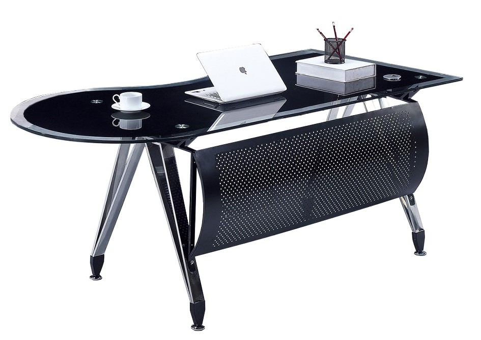 Mesa de oficina MAGNA, forma a derecha, vidrio templado negro, 180 x 85 cms